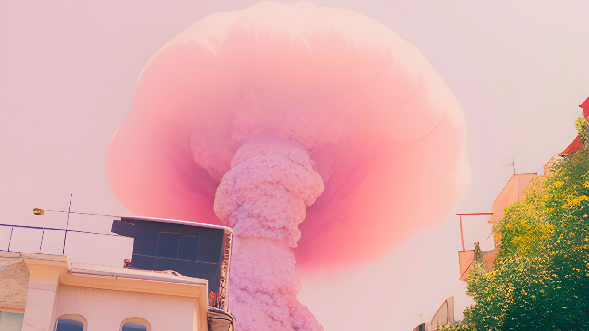 A pink mushroom cloud that represents how 'Barbenheimer' can't save the imploding movie theater business.