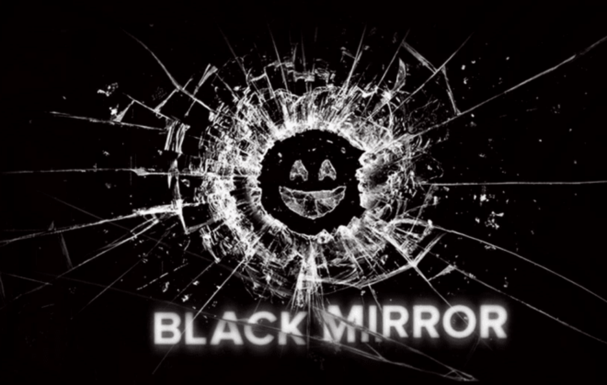 Netflix's Black Mirror logo showing cracked glass with a smiley face in the middle