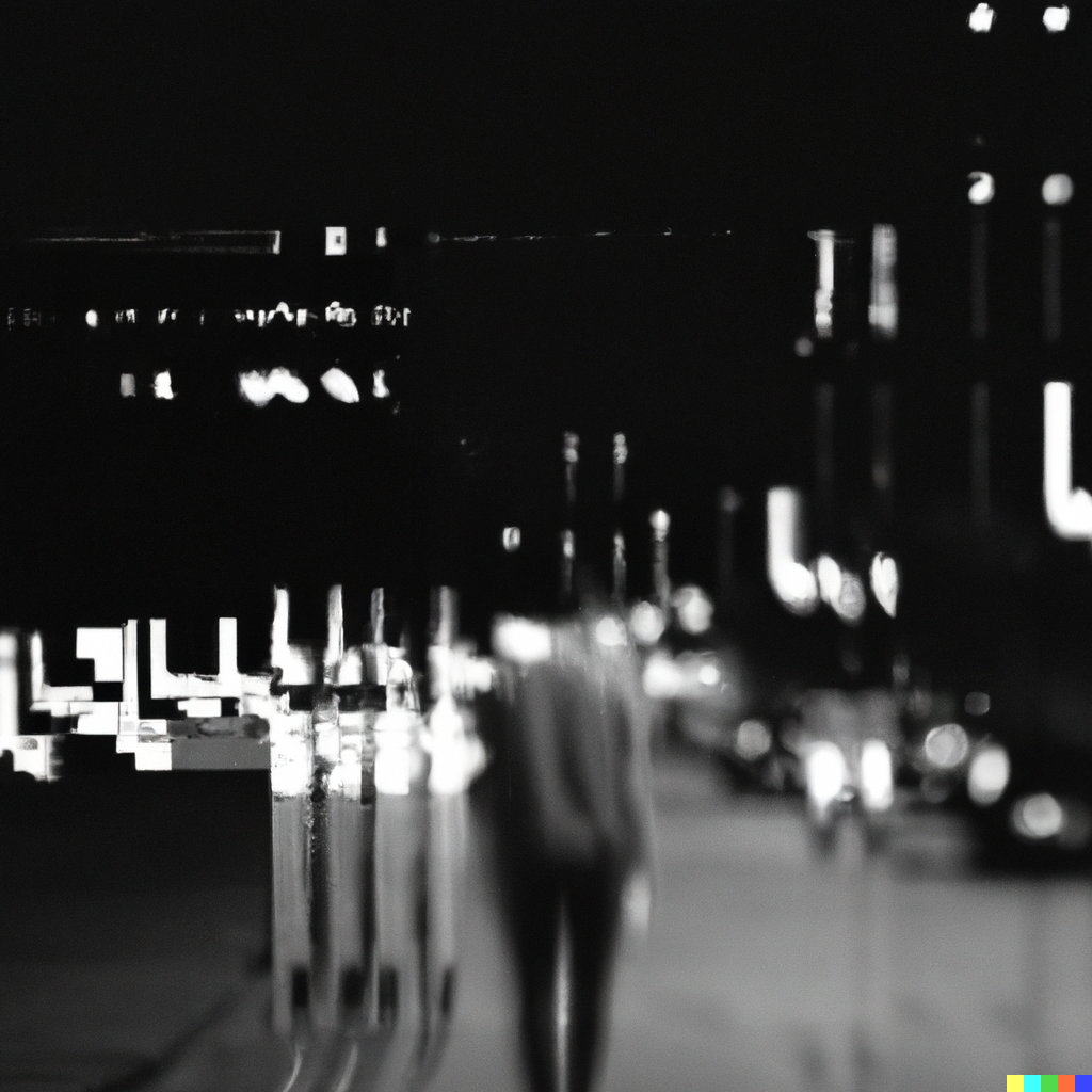 Glitched image of man walking through cityscape at night